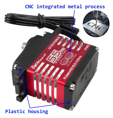 Beefy 55Kg Digital Servo With Full Metal Helical Gear Brushless Motor IP68, plastic housing, CNC integration for RC cars.