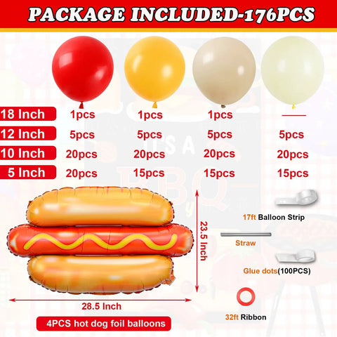 Barbecue Balloon Garland Arch Kit With 176 Pcs Red Yellow White Balloons And Hot Dog Foil Balloons For Picnic Baby Shower