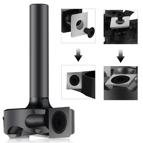 CNC Spoilboard Surfacing Router Bit 1 Inch Cutting Diameter 1 Quarter Inch Shank 2+2 Flute Pro Grade For Woodworking Dado Cleaning Planer Bit Flattening Top Surface, Trimming, Slotting, Grooving And Slab Preparation with close-up of blade details
