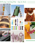 Collage showing 8 Set DIY Macrame Wristlet Keychain Kit For Adults with colorful cords, keychains and applications on keys, phones, and bags.