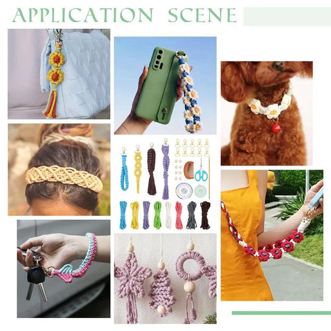Collage showing 8 Set DIY Macrame Wristlet Keychain Kit For Adults with colorful cords, keychains and applications on keys, phones, and bags.