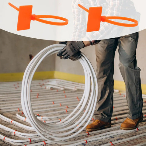 Quick Fix 50 Pack Orange Marker Cable Ties With Blank Labels For Straight Up Wire Grouping, slick cord organization in use.