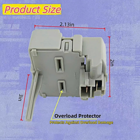 Universal Refrigerator Overload And Start Relay Replacement for 1/4 Inch Terminal Models, dimensions labeled, side view