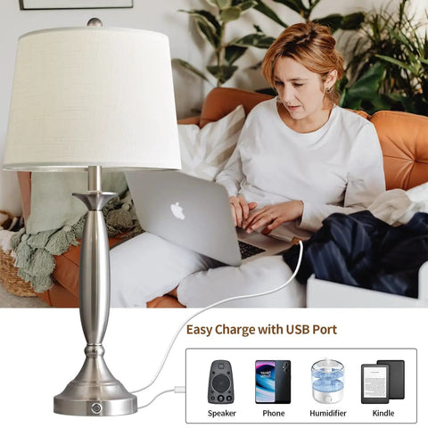 Three Way Dimmable Touch USB Table Lamps Set Of 2, 28 Inch Modern Industrial Metal Bedside Lamps with Linen Shades, Silver Finish