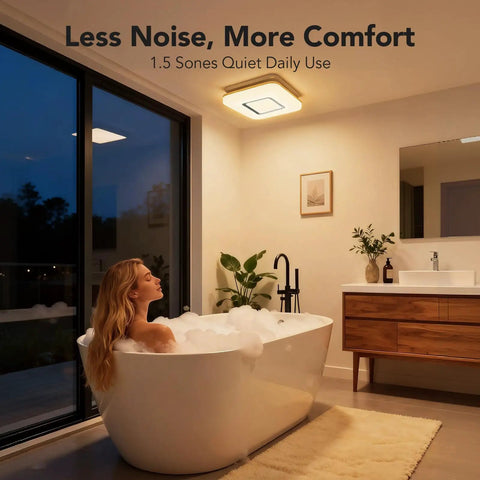 Woman relaxing in bathtub under Quiet 100 CFM Bathroom Exhaust Fan With Light, 1.5 Sones, 1500LM LED, 3CCT And Night Light