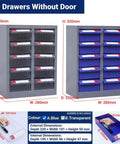 Built Tough 30 Drawer Storage Cabinet With Rock Solid Frame And Slick Labeled Compartments For Hardware Setup showing ten drawers without door in grey.