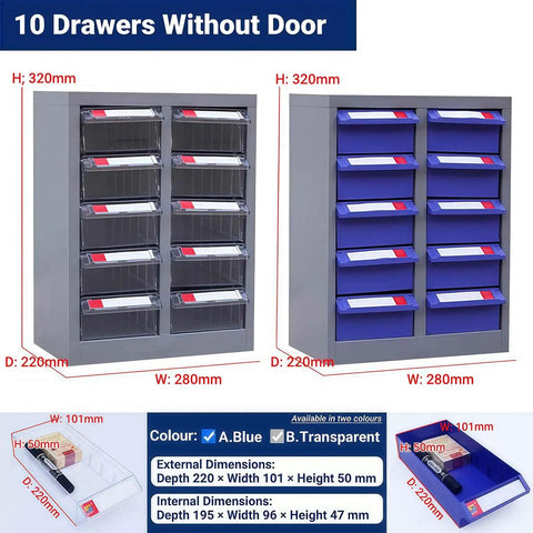 Built Tough 30 Drawer Storage Cabinet With Rock Solid Frame And Slick Labeled Compartments For Hardware Setup showing ten drawers without door in grey.