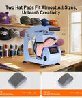 Dope Curved Hat Heat Press Machine With 6.54 By 3.84 Inch Plate, shown with hats on shelves and included hat stretcher.