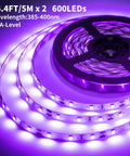 16.4ft black light strip coiled with bright purple glow, 600 LEDs, SMD2835 beads, UVA level, Upgraded 33Ft Black Light Strip Kit With Remote Control For Party Vibes, 600 LEDs, 12V Self Adhesive Dimmable Fixture, Non Waterproof, SMD2835 Beads, Easy Peel And Stick To Create A Lit Dance Floor visible