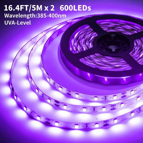 16.4ft black light strip coiled with bright purple glow, 600 LEDs, SMD2835 beads, UVA level, Upgraded 33Ft Black Light Strip Kit With Remote Control For Party Vibes, 600 LEDs, 12V Self Adhesive Dimmable Fixture, Non Waterproof, SMD2835 Beads, Easy Peel And Stick To Create A Lit Dance Floor visible