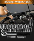 All In One Home And Auto Repair Tool Kit 157Piece Set with durable sockets, ratchet wrench in use on car engine