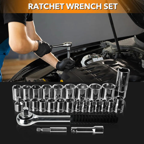 All In One Home And Auto Repair Tool Kit 157Piece Set with durable sockets, ratchet wrench in use on car engine
