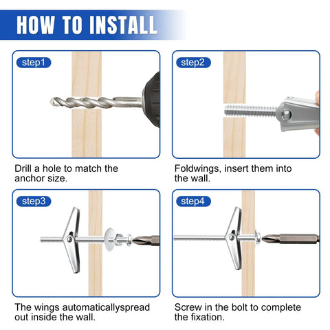 Heavy Duty Toggle Bolts Set For Drywall And Ceilings, 100 Pcs Hollow Wall Anchors With 1/8, 3/16, 1/4 Inch Sizes, Screws, Washers, And Wing Nuts For Hanging Decor And Medium To Heavy Fixtures: install steps shown