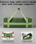 Heavy duty green canvas bag for 20 Inch Self Leveling Spiked Roller Kit With Telescopic Handle showing size and storage capacity