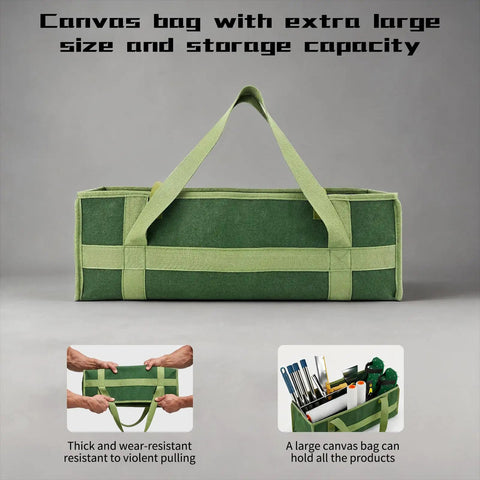 Heavy duty green canvas bag for 20 Inch Self Leveling Spiked Roller Kit With Telescopic Handle showing size and storage capacity