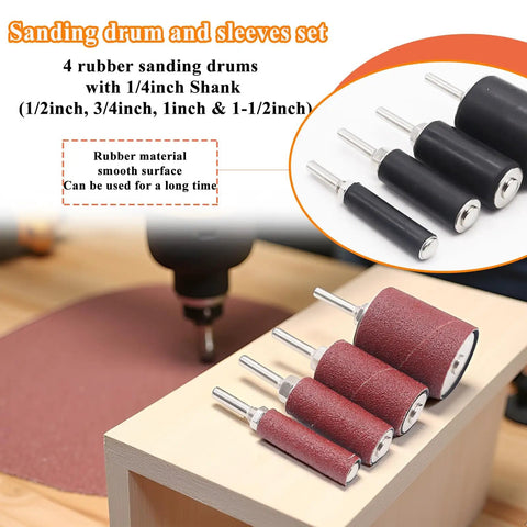 187 Piece Sanding Drum Kit For Drill And Drill Press With Grit Sleeves And Rubber Drums showing 4 rubber sanding drums set with various sizes.