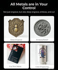 Various metal engraving styles displayed, including deep engrave, emboss/relief, cut thin metal, and color engraving.