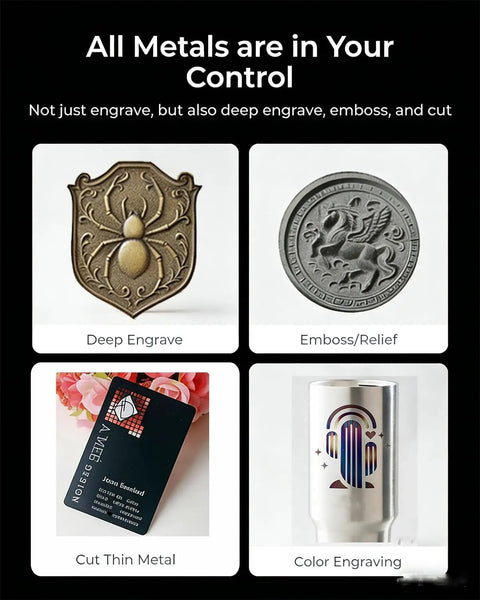 Various metal engraving styles displayed, including deep engrave, emboss/relief, cut thin metal, and color engraving.