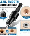 Professional Grade Tungsten Carbide Countersink Drill Bit Set With Adjustable Depth Stops For Slick Wood Countersinks And Hassle Free Flush Screw Installation 17 Piece showing a carbide cutter and clean countersink results.