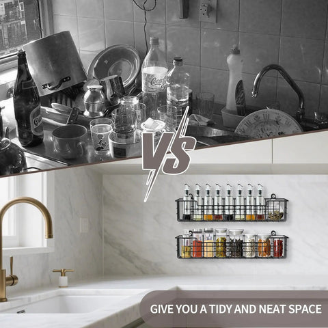 Built Tough Wall Mount Spice Rack Organizer, 2 Pack Heavy Duty Metal Mesh Shelves, Affixes Easily To Cabinets Or Any Kitchen Wall, Keeps Your Spices Tidy And Quick To Grab, Matte Black