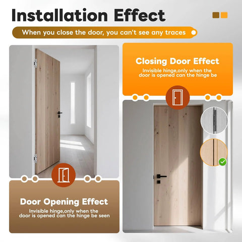 Invisible Cabinet Door Hinges 4 Pack Concealed 180 Degree Hinges for Frameless Cabinets Completely Hidden When Closed installation guide showing door opening and closing effects.