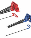 14 Piece SAE And Metric T Handle Hex Key Set with comfort grip in red and blue, includes 3/32 to 1/4 inch, 2 to 6 mm keys.