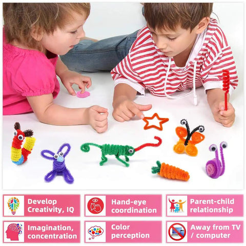Crazy Color Chenille Stems Kit With 1050 Pieces In 30 Assorted Colors For Crafting DIY Projects Decorations And Classroom Fun Flexible 6mm By 12 Inch Fuzzy Pipe Cleaners Perfect For Kids And Adults. Kids making pipe cleaner animals and shapes