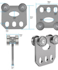 Two Pack Silent Four Wheel Beam Trolleys For Heavy Duty Hoist Installations Fits 1-5/8 Inch Wide Or Taller Strut Channel Durable Steel Construction With Top Push Technology For Easy Load Movement And Long Lasting Use, showing various views and dimensions.