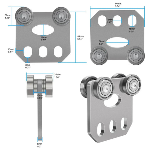 Two Pack Silent Four Wheel Beam Trolleys For Heavy Duty Hoist Installations Fits 1-5/8 Inch Wide Or Taller Strut Channel Durable Steel Construction With Top Push Technology For Easy Load Movement And Long Lasting Use, showing various views and dimensions.