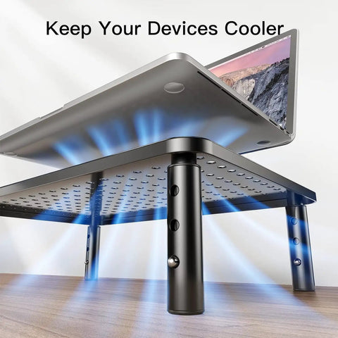 Dual Monitor Desk Stand With Height Adjustable Riser Laptop And Monitor Stand Black Perforated Platform Cooling View