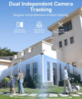 Solar Powered Outdoor Security Cam With Dual 3K AI Lenses on house corner, showcasing dual independent camera tracking