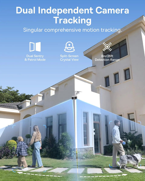 Solar Powered Outdoor Security Cam With Dual 3K AI Lenses on house corner, showcasing dual independent camera tracking