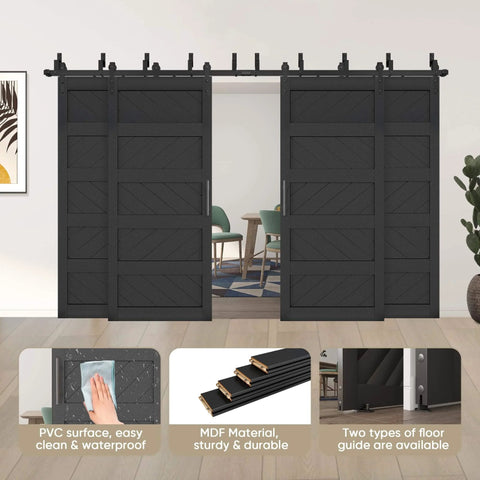 Double Bypass Sliding Barn Door Kit With Wave Panel 144x84 Inches in black MDF construction, installed in a modern living space.