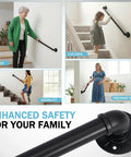Built Like A Tank 3Ft Metal Industrial Stair Railing With Heavy Duty Black Powder Coated Finish Rust Proof Handrail Support For Indoor Outdoor Workspaces And Country Charm, installed in various settings with diverse users.