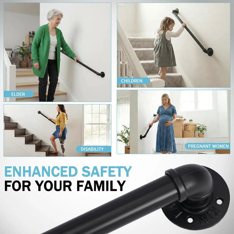 Built Like A Tank 3Ft Metal Industrial Stair Railing With Heavy Duty Black Powder Coated Finish Rust Proof Handrail Support For Indoor Outdoor Workspaces And Country Charm, installed in various settings with diverse users.