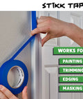 Applying blue painters tape to door trim for painting, showing ideal use for edges, trimming, and masking. Stikk Tape branding visible.