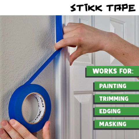 Applying blue painters tape to door trim for painting, showing ideal use for edges, trimming, and masking. Stikk Tape branding visible.