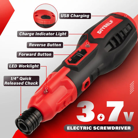 Top Rated Cordless Electric Screwdriver Kit With 28 Handy Bits And Magnetic Holder USB Powered For Quick Home Fixes And DIY Tasks Stored In A Slick Compact Case showing USB charging and tool functions.