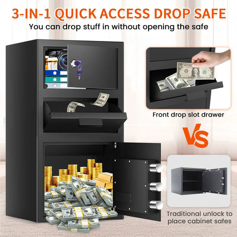 Heavy Duty Depository Drop Safe With Quick Deposit Slot Digital Keypad And Spare Key Perfect For Biz Cash Drops Retail Mailroom Church Or Home Keeps Cash And Documents Secure And Easy To Store with open deposit slot visible.
