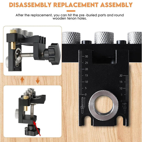 Three In One Dowel Jig Kit With Self Centering Pocket Hole Jig For Perfect Straight Holes, shown on wood