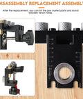 3-In-1 Dowel Jig Kit With Self Centering Doweling And Pocket Hole Jig for straight holes on a wooden surface.