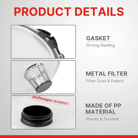 Product details of Dust Collector For 5 Gallon Buckets With 2.5 Inch Hose, Elbow Fittings And Metal Filter Included, showing gasket, filter, PP material