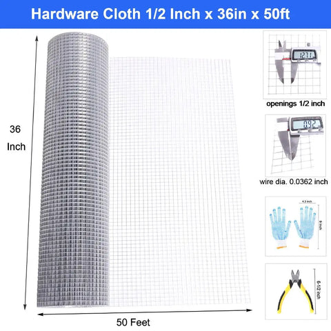 Heavy Duty Half Inch Hardware Cloth Roll 36 By 50 Feet Galvanized Welded Wire Mesh for Chicken Fencing with measurements and tools