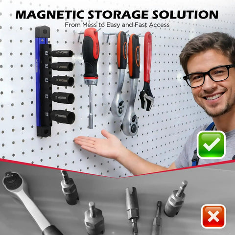 Five Piece Wing Nut Driver Set With Magnetic Aluminum Storage Rail Includes 10mm 12mm 14mm 16mm 18mm Metric Sizes And Quarter Inch Hex Shank Bits A Handy Pro Grade Kit hanging on a pegboard