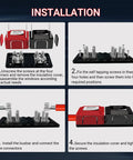 Installation steps for Built Different Heavy Hitter 450A 48V DC Bus Bar Terminal Block with red and black covers.