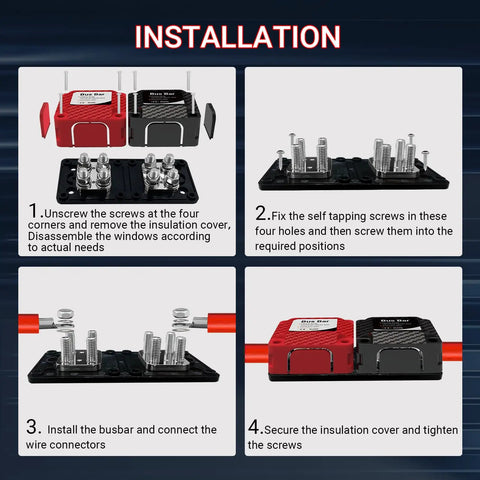 Installation steps for Built Different Heavy Hitter 450A 48V DC Bus Bar Terminal Block with red and black covers.