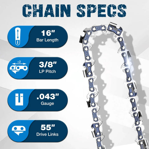 Four Pack Sixteen Inch Chainsaw Chain Three Eighths Lp Pitch Point Zero Four Three Gauge Fifty Five Drive Links Heavy Duty Replacement With Zero Kickback Design That Handles Yard Work Like A Smooth Operator For Poulan And Craftsman