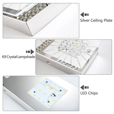 Close-ups of Crystal Flush Mount Ceiling Light Long Rectangular Kitchen Fixture In Brushed Nickel Dimmable 18 Inch LED Ceiling Light For Entryway Foyer Hallway And Bathroom Modern Crystal Glam Accent Elegant Home Lighting, showing silver ceiling plate, K9 crystal lampshade, and LED chips