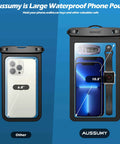 4 Pack 10.5 Inch Waterproof Phone Pouches For Underwater Use showcasing clear pouch with iPhone and accessories inside, labeled 10.5 inch.