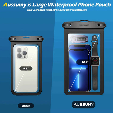 4 Pack 10.5 Inch Waterproof Phone Pouches For Underwater Use showcasing clear pouch with iPhone and accessories inside, labeled 10.5 inch.